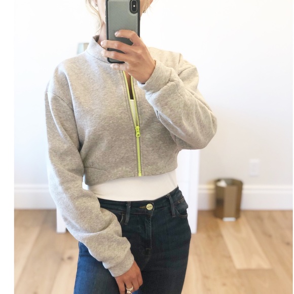 KIEV Gray Cropped Fleece Zip Up Jacket w Neon - Picture 4 of 6